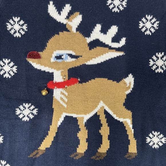 Rudolph Reindeer Ugly Sweater Christmas M Cotton Blend Snowflakes 100% Poof Blue - Picture 2 of 7